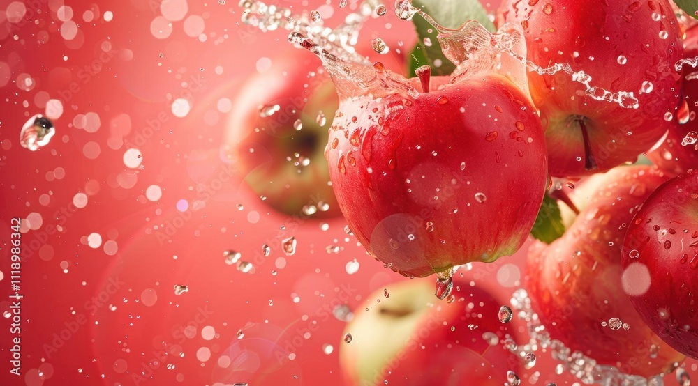 Fresh red apples splashing in water against a vibrant background. Fresh red apples splashing in water against a vibrant background.