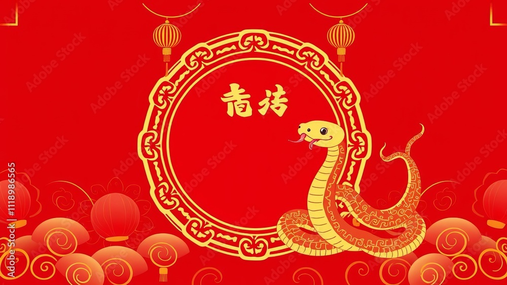 Golden snake zodiac silhouette on vibrant red background, Chinese New Year greeting card design, Chinese New Year, celebration Golden snake zodiac silhouette on vibrant red background, Chinese New Year greeting card design, Chinese New Year, celebration