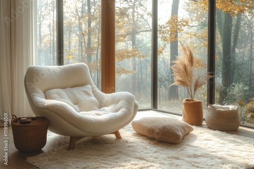 Cozy Scandinavian Style Living Room with Plush Sofa and Accent Chair in Neutral Beige Decor photo