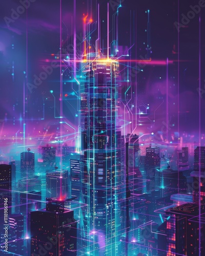 Wallpaper Mural Futuristic cityscape with a glowing tower and digital elements. Torontodigital.ca
