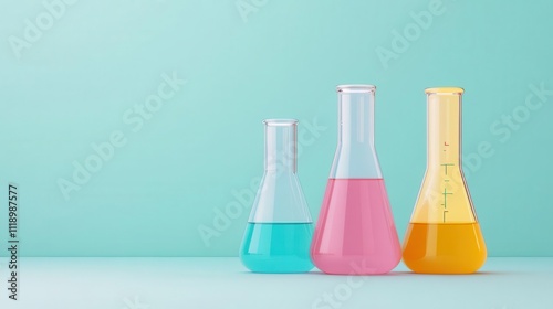 Three colorful laboratory flasks filled with liquids stand against a light turquoise background, showcasing vibrant colors.