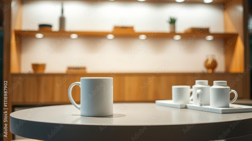 A high-quality mockup of a ceramic mug on a wooden table with soft lighting, perfect for showcasing your branding or design, mug, table A high-quality mockup of a ceramic mug on a wooden table with soft lighting, perfect for showcasing your branding or design, mug, table