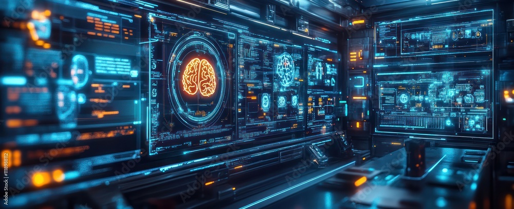 Fototapeta premium Futuristic Brain Scanning Technology in Cyberpunk Control Room for Medical Diagnosis and Research