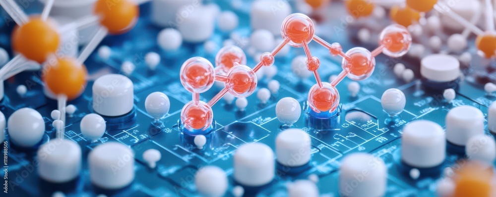 A close-up view of colorful molecular structures on a digital circuit board, illustrating the intersection of science and technology. A close-up view of colorful molecular structures on a digital circuit board, illustrating the intersection of science and technology.