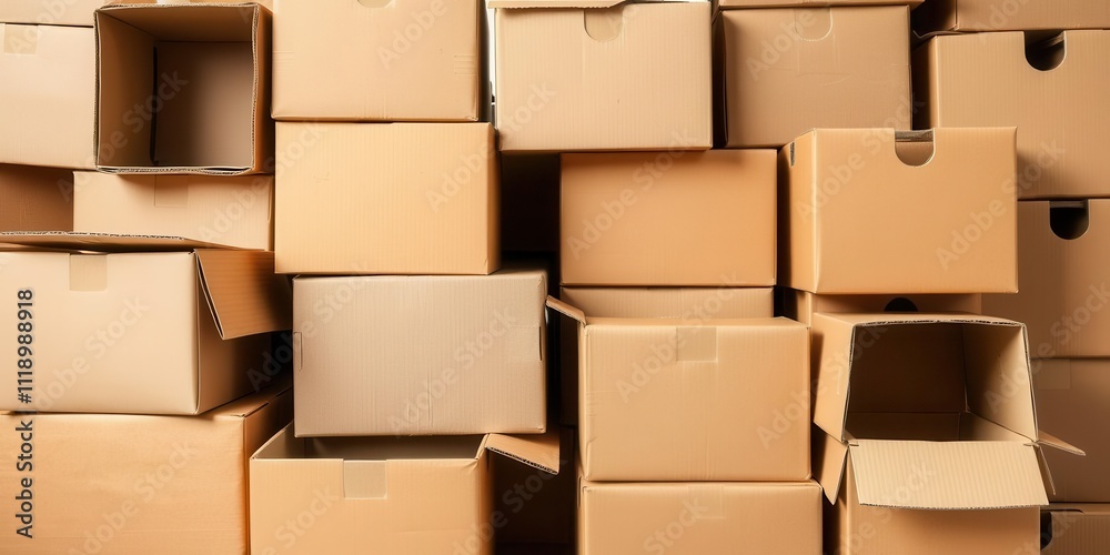 Obraz premium Brown cardboard boxes stacked for recycling on white background, cardboard, boxes, conservation