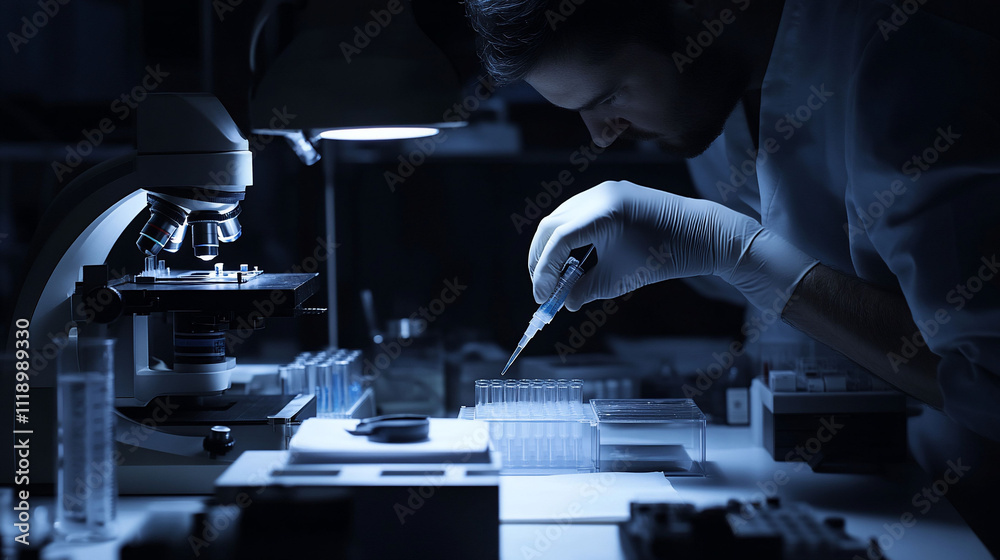 Scientist using a pipette in a dark laboratory setting. Scientist using a pipette in a dark laboratory setting.