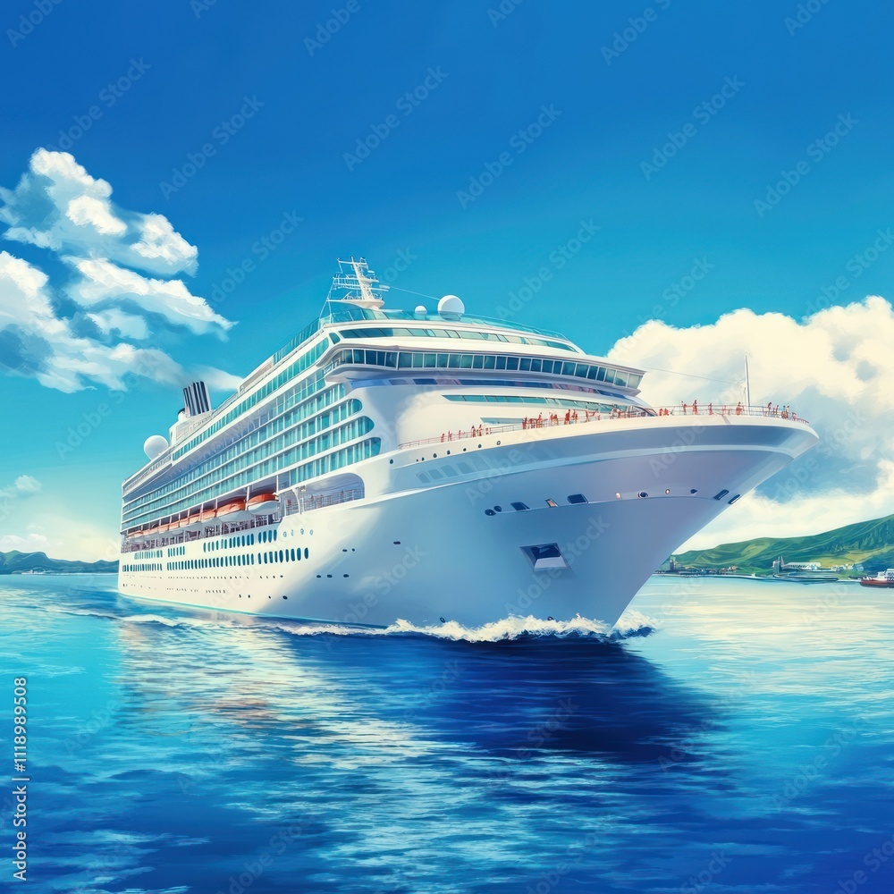 A large cruise ship sailing on calm blue waters under a clear sky. A large cruise ship sailing on calm blue waters under a clear sky.