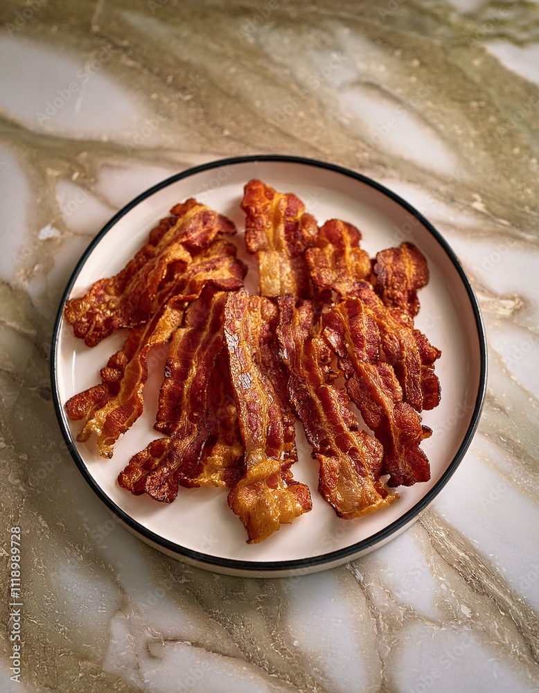 Crispy fried bacon strips on a plate.