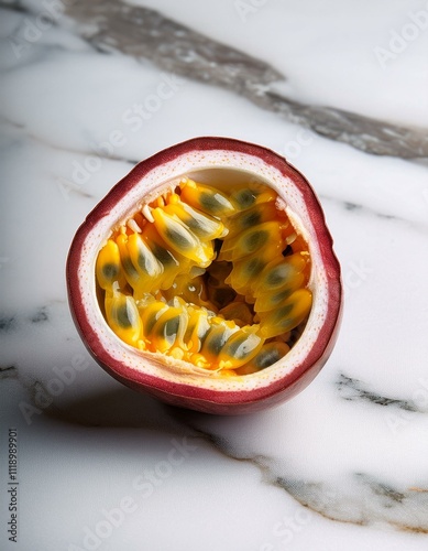 A vibrant passion fruit, halved to reveal its juicy, yellow interior with black seeds. photo