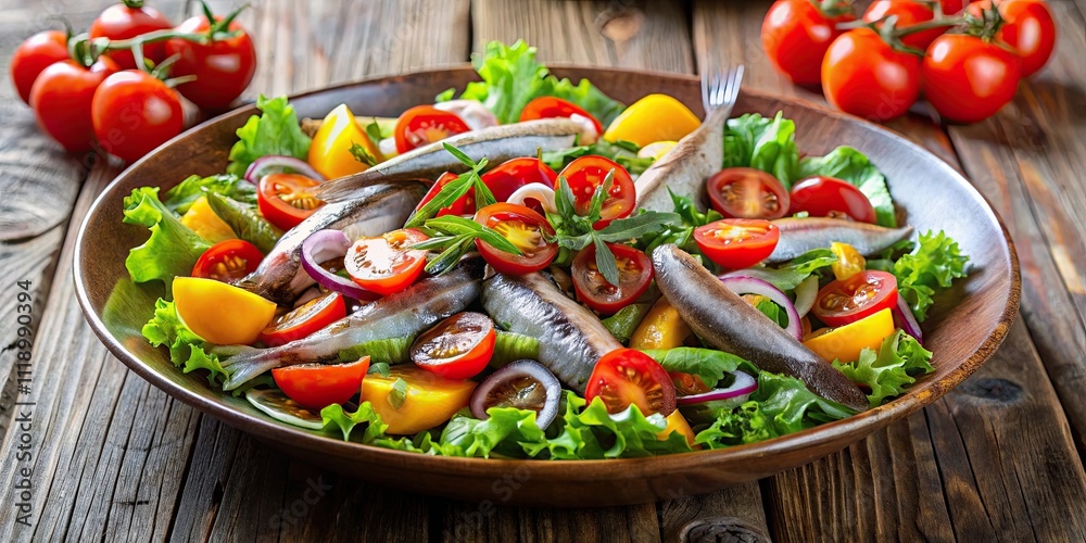 A fresh and vibrant salad with anchovies and tomatoes, healthy, Mediterranean, seafood, food, organic, lettuce, red, green A fresh and vibrant salad with anchovies and tomatoes, healthy, Mediterranean, seafood, food, organic, lettuce, red, green