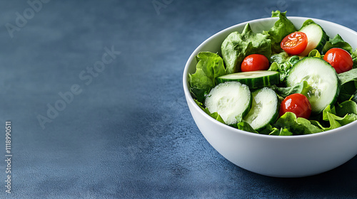 Fresh lettuce and tomato salad in a clean white bowl with cucumber slices served on a textured blue surface