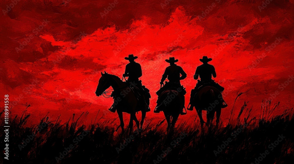 Fototapeta premium Two cowboys on horseback silhouetted