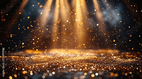 Golden confetti falling on stage, illuminated by spotlights, creating a festive celebration scene