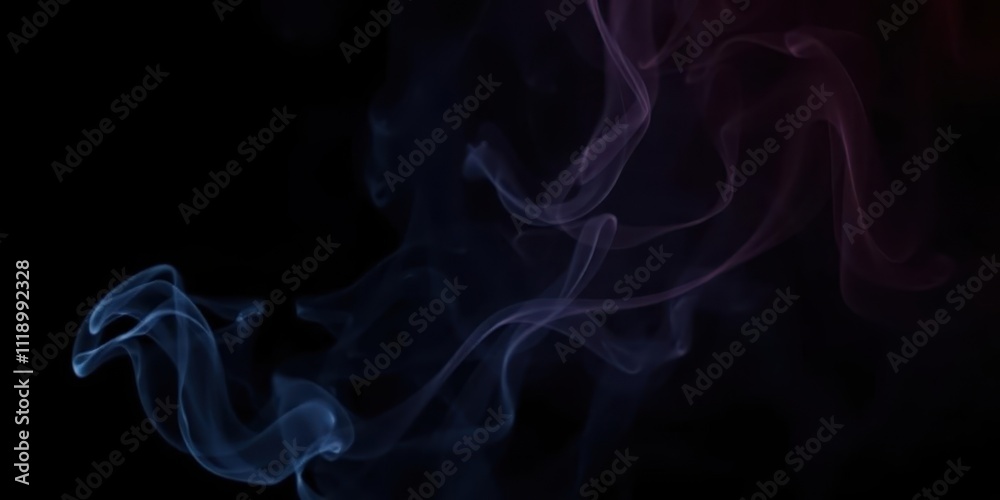 Fototapeta premium Rotation of swirling smoke veils illuminated by lights against a black backdrop, motion, atmosphere, dark
