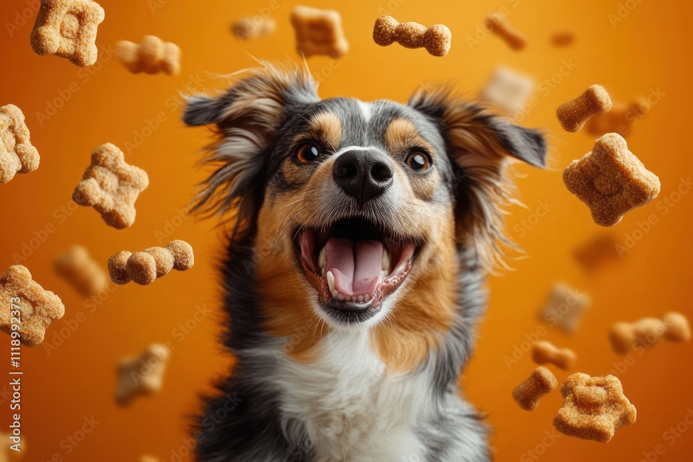 Joyful Dog Surrounded by Flying Treats on Orange Background Joyful Dog Surrounded by Flying Treats on Orange Background