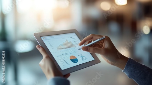 Close-up of hands using stylus on tablet displaying graphs and charts.