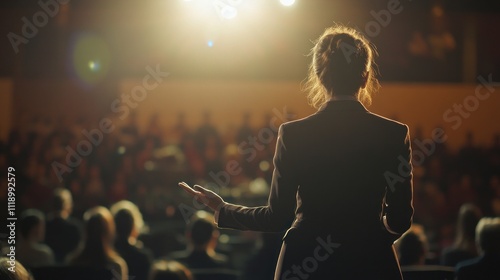 Woman speaker presenting to large audience on stage.
