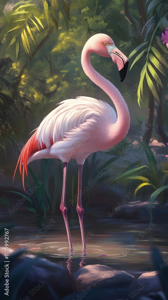 Fototapeta premium A realistic image of a flamingo standing elegantly in shallow water, showcasing its soft pink feathers and slender legs against a serene natural backdrop. 