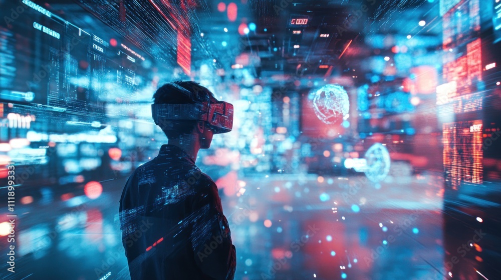 Person wearing VR headset immersed in a futuristic digital environment with holographic data and neural networks. Person wearing VR headset immersed in a futuristic digital environment with holographic data and neural networks.