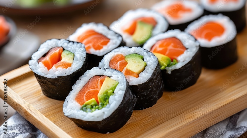 Delicious salmon and avocado sushi rolls on a wooden tray. Delicious salmon and avocado sushi rolls on a wooden tray.