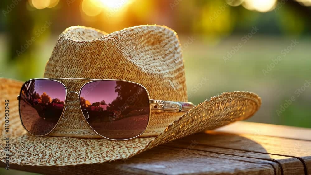 Sun setting behind a straw hat and sunglasses on a wooden table outdoors during golden hour in a serene environment