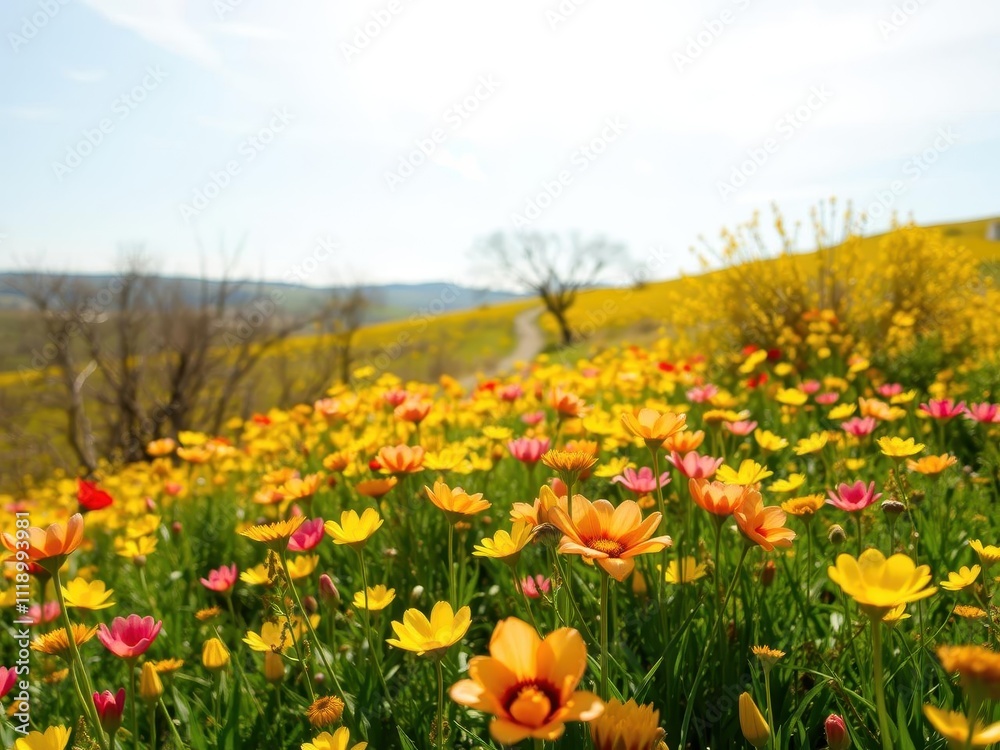 Vibrant daffodil flowers blooming in a vast field under the warm sun, outdoors, natural Vibrant daffodil flowers blooming in a vast field under the warm sun, outdoors, natural