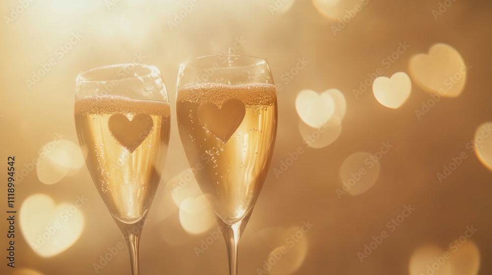 Two champagne flutes with heart shapes, bokeh background. Two champagne flutes with heart shapes, bokeh background.