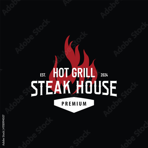 Illustration of a restaurant design with a vintage barbecue logo concept with the concept of a fire burning on a simple bbq hot grill