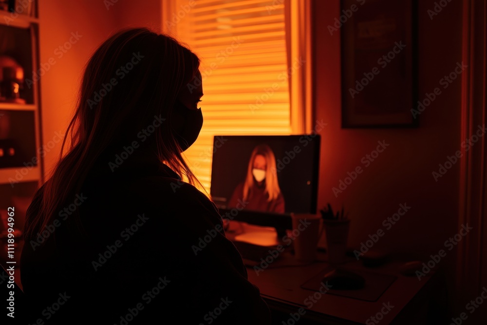 Woman Engaged in Video Call with Advisor in Warm Light