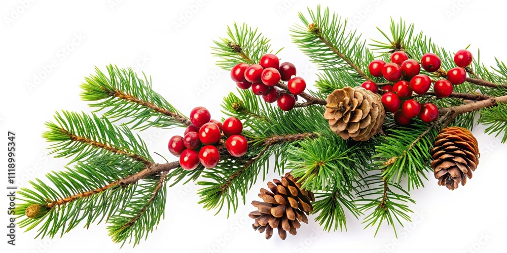 Pine branch with red berries and cones isolated on background, pine, branch, red, berries, cones, isolated Pine branch with red berries and cones isolated on background, pine, branch, red, berries, cones, isolated