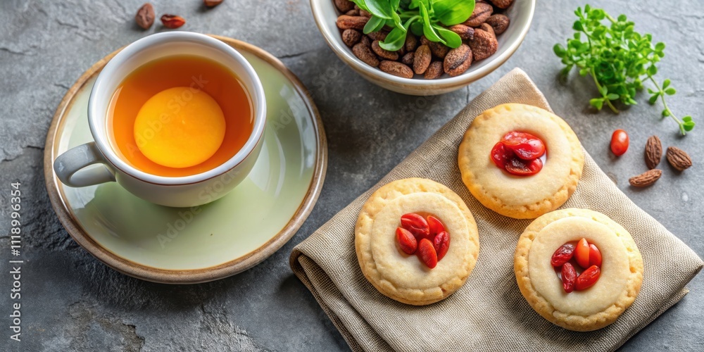Close-up of egg shortbread, goji tea, small potted plant, top view, egg shortbread, goji tea, potted plant, top view Close-up of egg shortbread, goji tea, small potted plant, top view, egg shortbread, goji tea, potted plant, top view