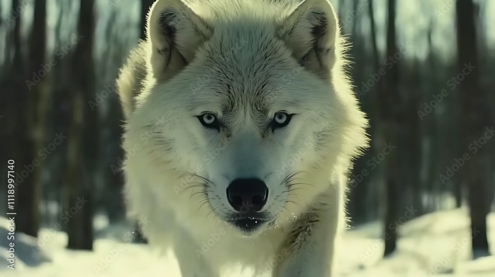 Obraz premium A Close-Up Portrait of a White Wolf in a Snowy Forest