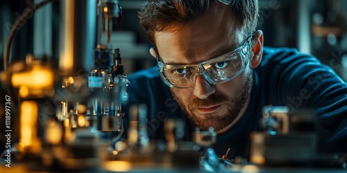 Focused male engineer wearing safety glasses meticulously works on complex machinery in industrial setting.