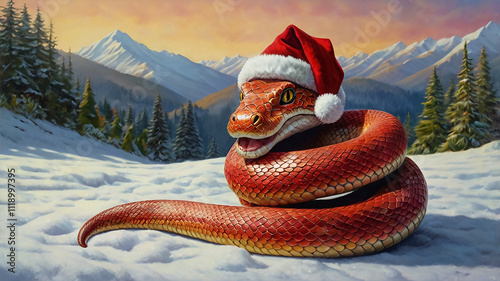 A cute snake in a Santa Claus costume on the beautiful background