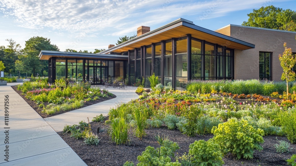 Modern building with garden, walkway, and landscaping. Modern building with garden, walkway, and landscaping.