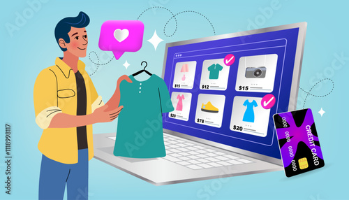 A man is satisfied with his online clothing purchase. A happy customer unboxes or receives a dress ordered from an e-commerce website. A metaphor for fast delivery and customer satisfaction.
