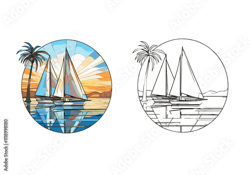 Serene Boats on Water: Flat Color Vector in Stained Glass Style on White Background