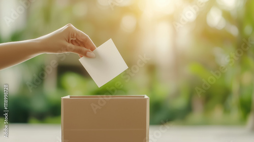 Close-Up of Woman’s Hand Tossing Paper into Eco-Friendly Recycling Bin, Promoting Environmental Protection photo