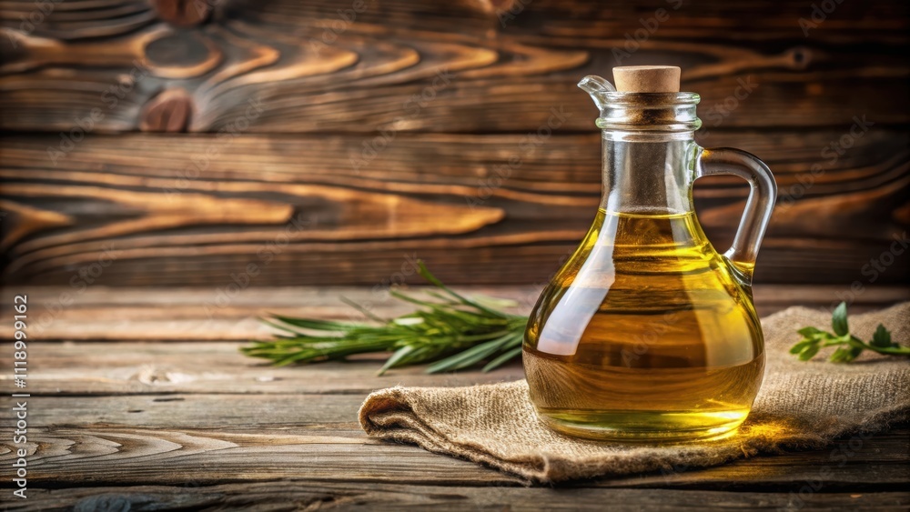 Close up of vegetable oil in glass bottle on rustic wooden background, vegetable oil, glass bottle, rustic, wooden