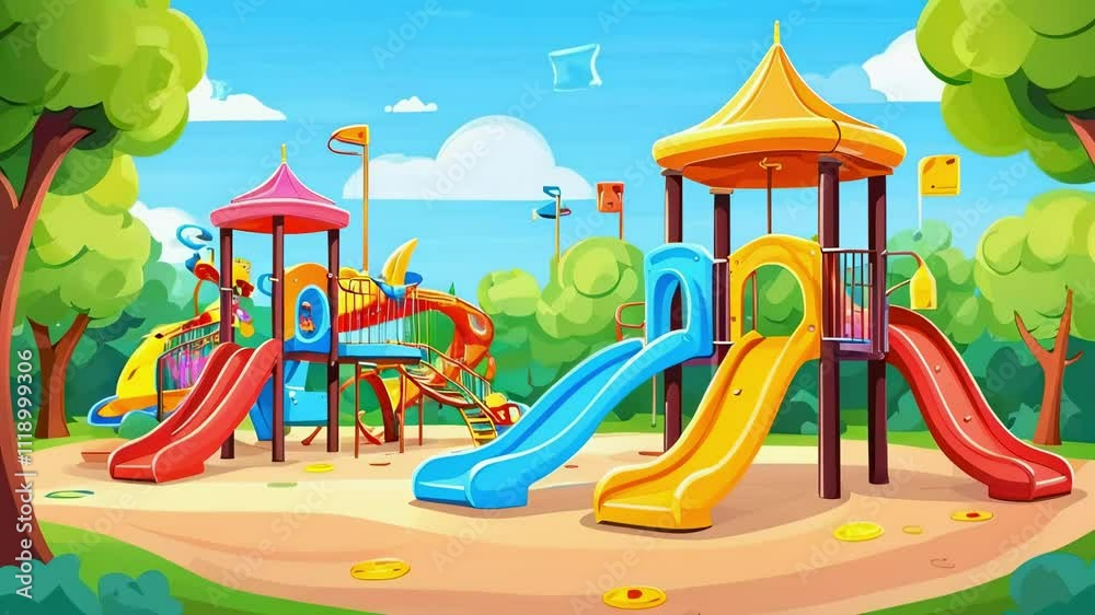 Cartoon Playground with Slides and Swings