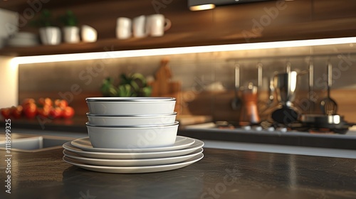 an image of a plates and cups stand in a modern kitchen, with a sleek design and a beautiful contemporary background