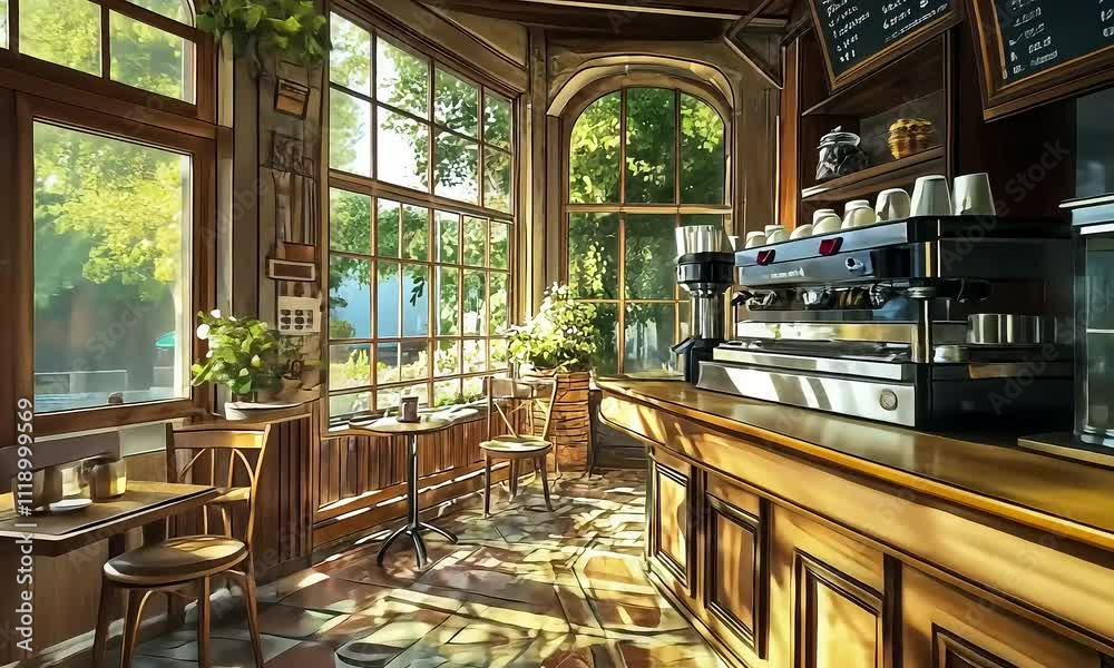 Cozy Cafe Interior with Natural Light Streaming Through Large Windows, Wooden Furniture, and Delicious Pastries Displayed in a Warm Ambiance illustration cartoon with ai generated. Cozy Cafe Interior with Natural Light Streaming Through Large Windows, Wooden Furniture, and Delicious Pastries Displayed in a Warm Ambiance illustration cartoon with ai generated.