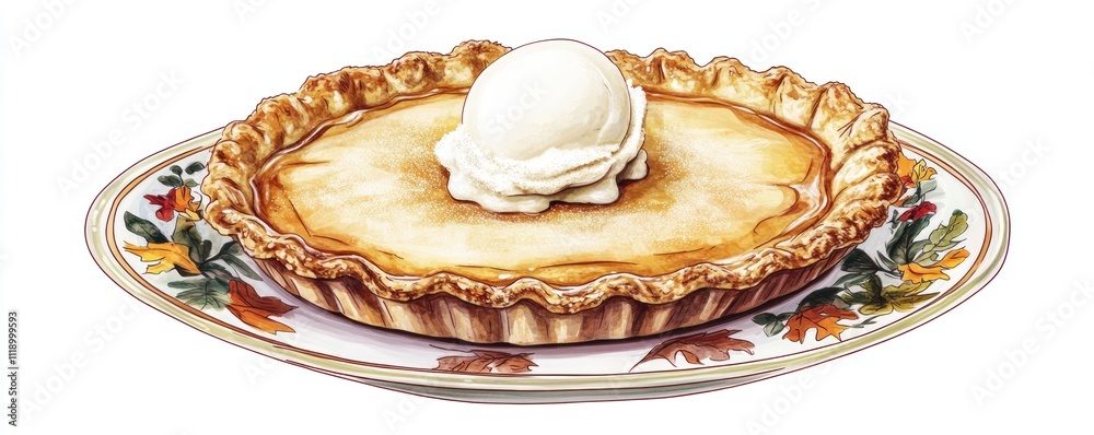 A delicious pie topped with a scoop of vanilla ice cream on a decorative plate. A delicious pie topped with a scoop of vanilla ice cream on a decorative plate.