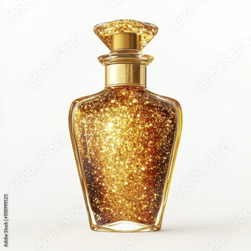 A bottle of shimmering body oil with golden particles, isolated on white background, highlighting elegance and natural beauty, suitable for beauty campaigns, e-commerce listings photo