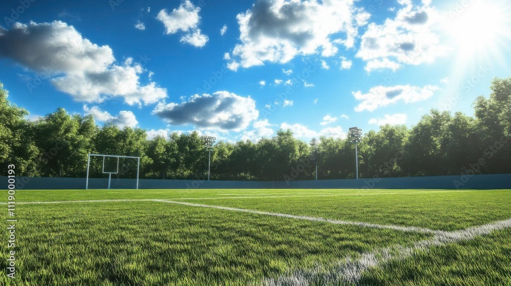 Soccer Field: Green Grass, Goal, Sunny Sky, Trees, Peaceful Atmosphere Soccer Field: Green Grass, Goal, Sunny Sky, Trees, Peaceful Atmosphere