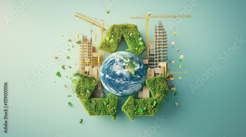 Circular Economy Concept Featuring Earth at the Center with Recycling Arrow, Construction Bricks, and Crane Under Construction