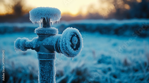  frozen water pipe and ice-covered faucet, symbolizing the harshness of winter and the challenges it brings to everyday life. The image conveys the power of cold weather and its impact on home mainten