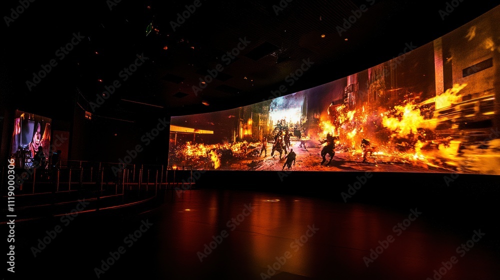 A vibrant immersive display showcasing a chaotic urban scene with fire and action. A vibrant immersive display showcasing a chaotic urban scene with fire and action.