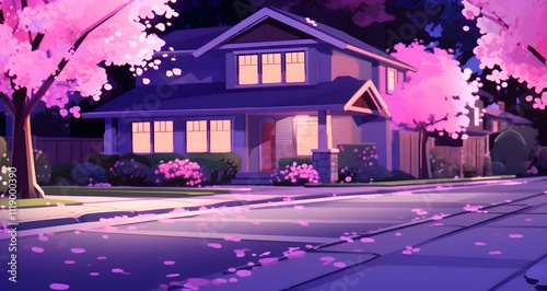 a neighborhood is at dusk with the lights on