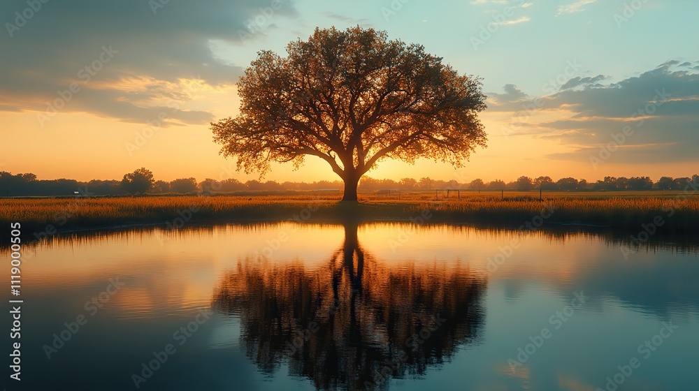 Lone tree in the water at sunrise creating a serene, picturesque landscape view Lone tree in the water at sunrise creating a serene, picturesque landscape view